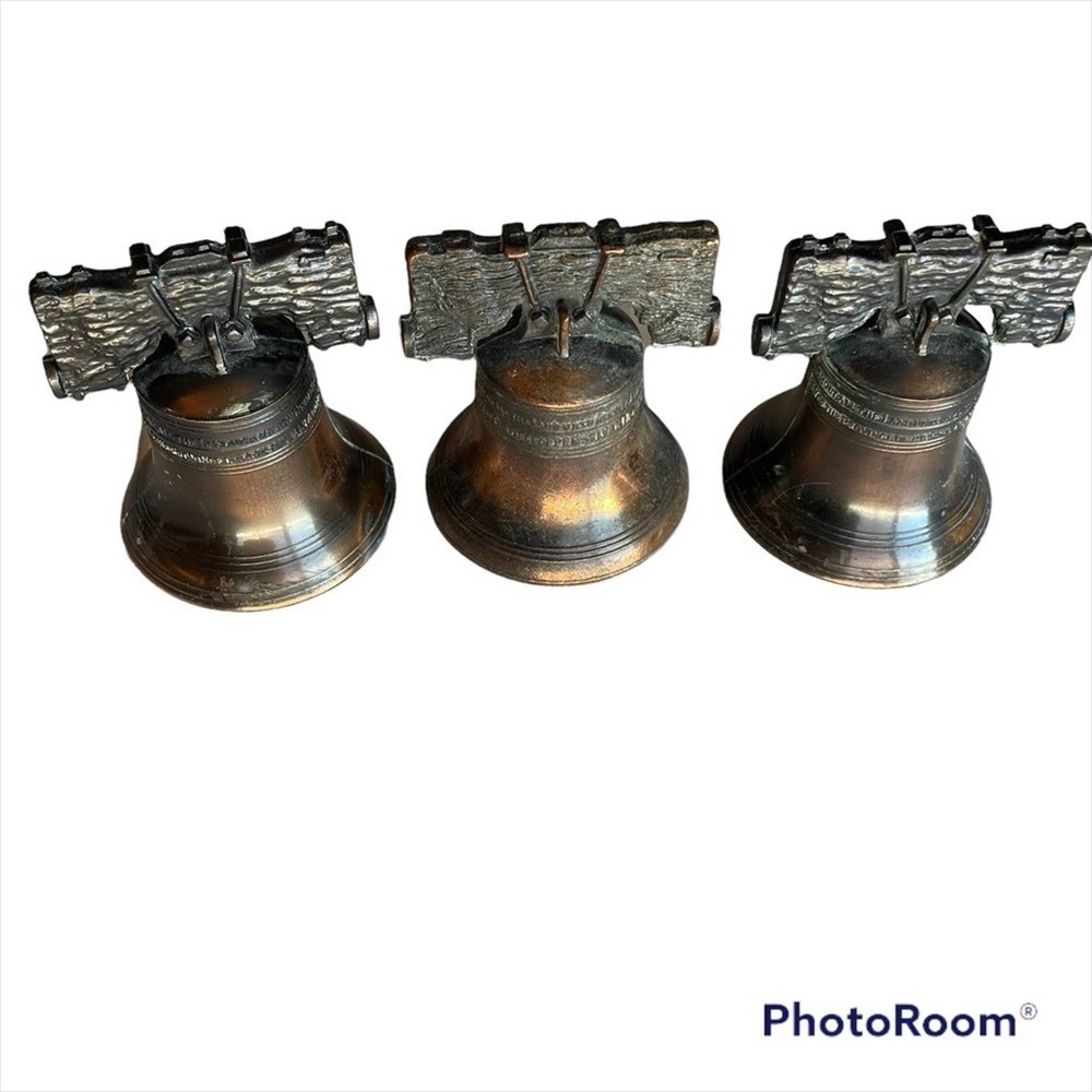Brass Liberty Bell Set of 3 Bronze Patina Pass and Stone Vtg 1970’s Miniature